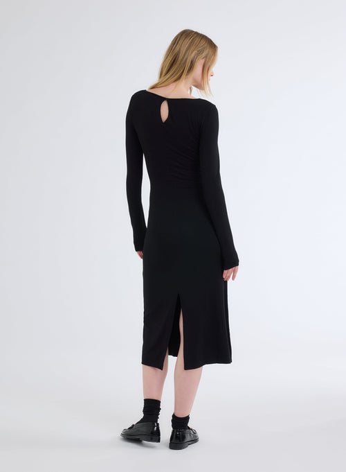 Robe Noire Col Bateau Manches Longues en Viscose et Élasthanne - MAJESTIC FILATURES