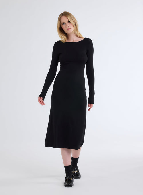 Robe Noire Col Bateau Manches Longues en Viscose et Élasthanne - MAJESTIC FILATURES