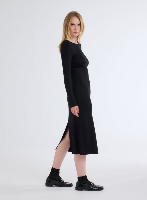 Robe Noire Col Bateau Manches Longues en Viscose et Élasthanne - MAJESTIC FILATURES