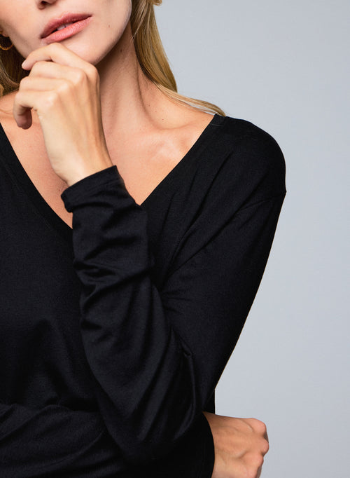 Black V-neck Long Sleeve Viscose / Elastane T-shirt - MAJESTIC FILATURES