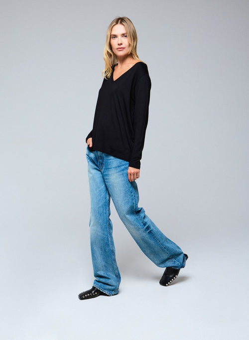 Black V-neck Long Sleeve Viscose / Elastane T-shirt - MAJESTIC FILATURES
