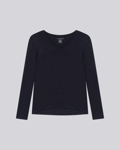 Camiseta de manga larga viscosa / elastano con cuello de pico azul marino - MAJESTIC FILATURES