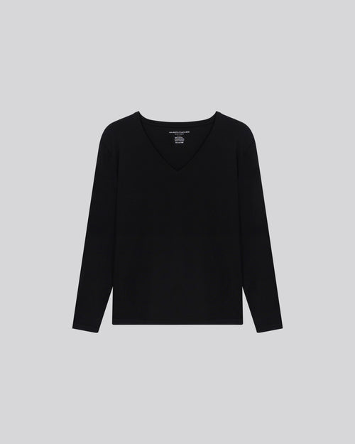 Black V-neck Long Sleeve Viscose / Elastane T-shirt - MAJESTIC FILATURES
