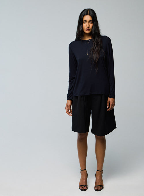 T-shirt Marine Col Rond Manches Longues en Viscose / Elasthanne - MAJESTIC FILATURES