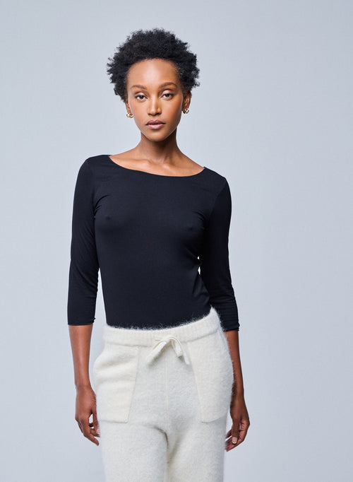 Adèle Black Viscose Boatneck T-shirt - MAJESTIC FILATURES