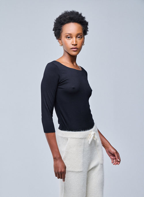 Adèle Black Viscose Boatneck T-shirt - MAJESTIC FILATURES
