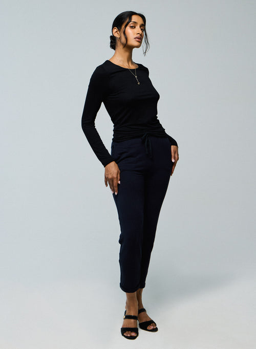 Black Round Neck Long Sleeves T-shirt in Viscose and Elastane - MAJESTIC FILATURES