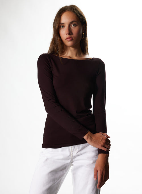 T-shirt Aubergine Col Bateau Manches 3/4 en Viscose / Elasthanne - MAJESTIC FILATURES