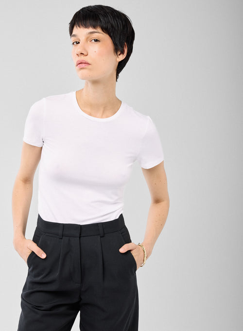 White T-shirt Round Neck Short Sleeves in Viscose and Elastane   - MAJESTIC FILATURES