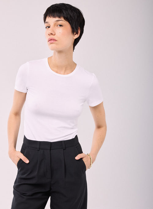 Blanco Camiseta Cuello Redondo Mangas Cortas Viscosa Elastano - MAJESTIC FILATURES