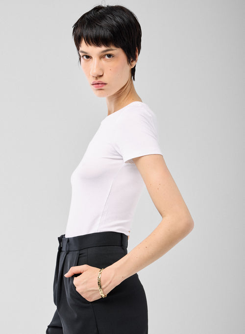 White T-shirt Round Neck Short Sleeves in Viscose and Elastane   - MAJESTIC FILATURES