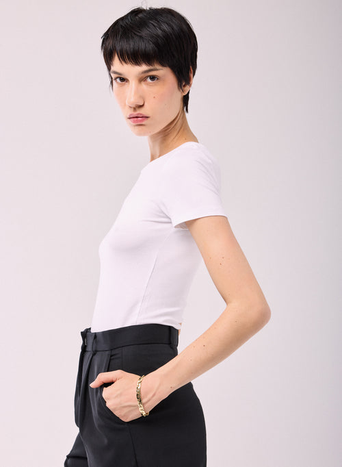 Blanco Camiseta Cuello Redondo Mangas Cortas Viscosa Elastano - MAJESTIC FILATURES