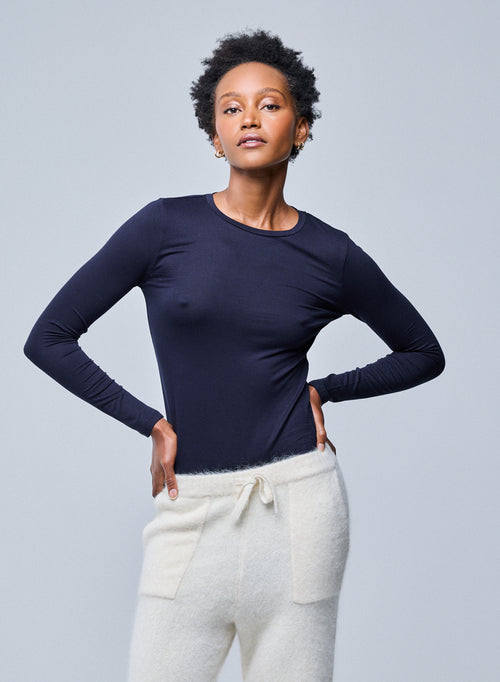 Navy Blue Round Neck Long Sleeves T-Shirt in Viscose / Elastane - MAJESTIC FILATURES