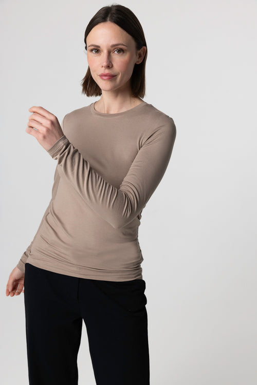 Beige Langarm-T-Shirt aus Viskose / Elasthan mit Rundhalsausschnitt - MAJESTIC FILATURES