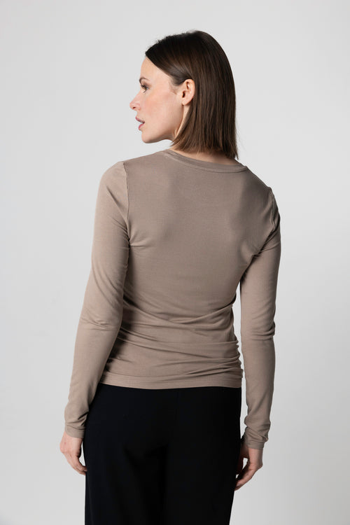 Beige Langarm-T-Shirt aus Viskose / Elasthan mit Rundhalsausschnitt - MAJESTIC FILATURES