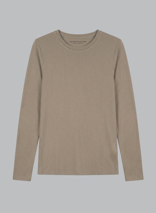 Braunes Langarm-T-Shirt mit Rundhalsausschnitt aus Viskose / Elasthan - MAJESTIC FILATURES