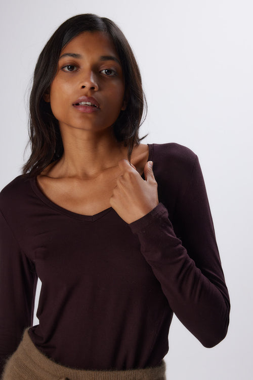 T-shirt Aubergine Col V Manches Longues en Viscose / Elasthanne - MAJESTIC FILATURES