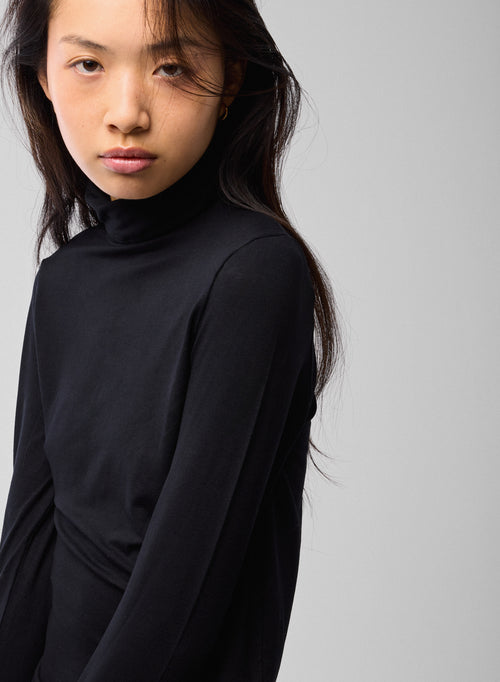 Black T shirt Turtleneck Long Sleeves Viscose Elastane   - MAJESTIC FILATURES