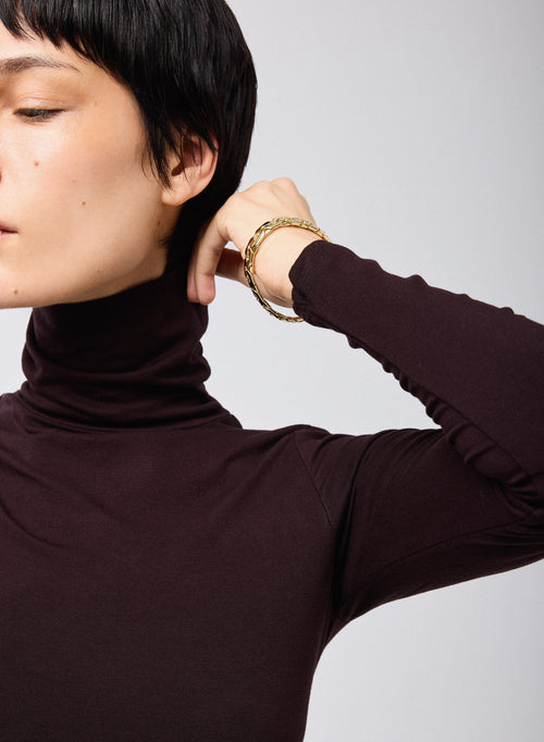 T-shirt Aubergine Col Roulé Manches Longues en Viscose / Elasthanne - MAJESTIC FILATURES