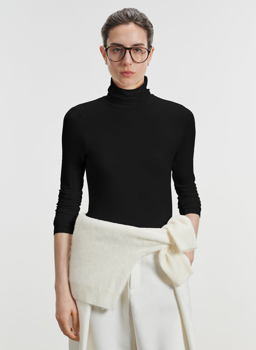 Schwarz T Shirt Rollkragen Lange Ärmel Viskose Elasthan   - MAJESTIC FILATURES
