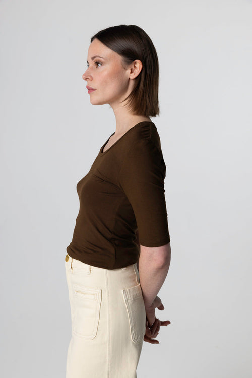 Dark Brown U-Neck Elbow-Length-Sleeve T-shirt in Viscose / Elastane - MAJESTIC FILATURES