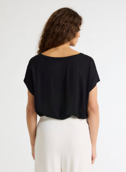 Black Short Sleeve V-Neck T-Shirt in Viscose and Elastane - MAJESTIC FILATURES