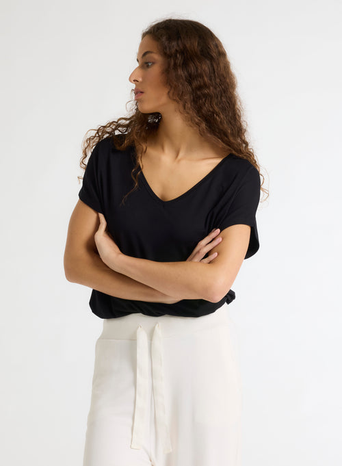 Black Short Sleeve V-Neck T-Shirt in Viscose and Elastane - MAJESTIC FILATURES