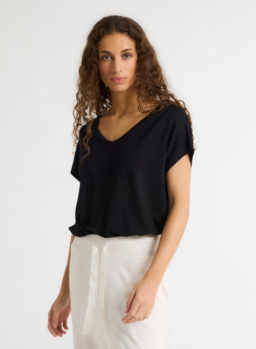 Black Short Sleeve V-Neck T-Shirt in Viscose and Elastane - MAJESTIC FILATURES