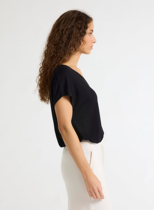 Black Short Sleeve V-Neck T-Shirt in Viscose and Elastane - MAJESTIC FILATURES