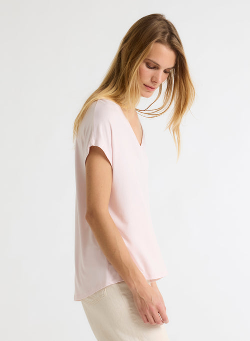 Pink V-neck Short-sleeved Viscose tee shirt - MAJESTIC FILATURES