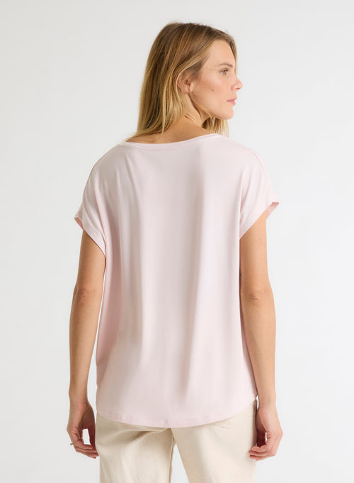 Pink V-neck Short-sleeved Viscose tee shirt - MAJESTIC FILATURES