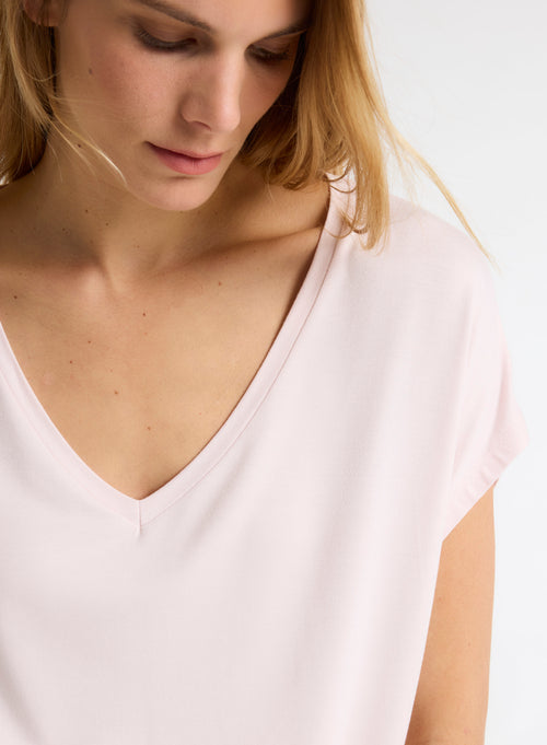 Pink V-neck Short-sleeved Viscose tee shirt - MAJESTIC FILATURES