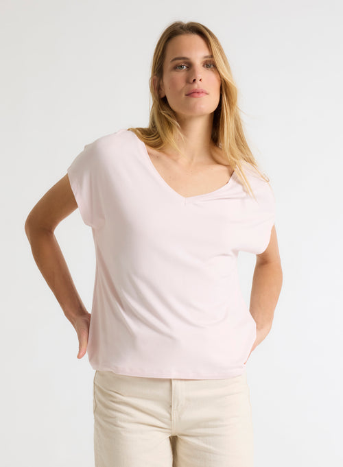 Pink V-neck Short-sleeved Viscose tee shirt - MAJESTIC FILATURES