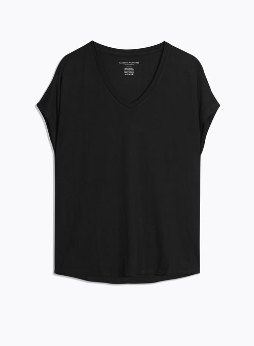 Black Short Sleeve V-Neck T-Shirt in Viscose and Elastane - MAJESTIC FILATURES