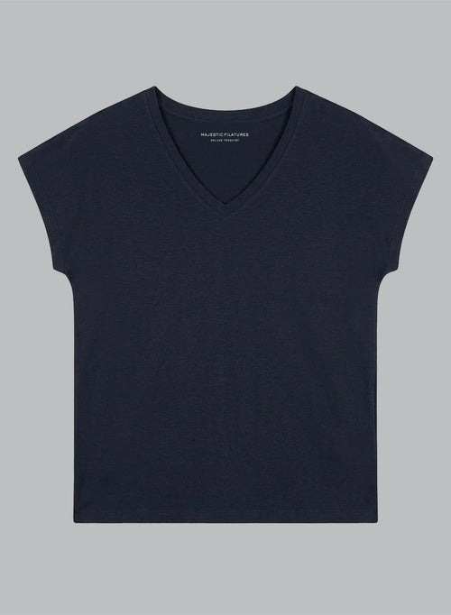 Navy V-neck Short-Sleeve T-shirt in Viscose / Elastane - MAJESTIC FILATURES