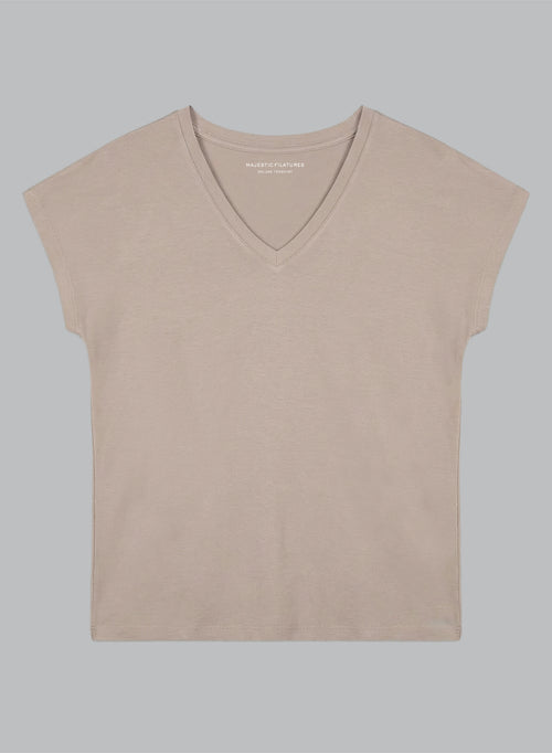 T-Shirt mit V-Ausschnitt und kurzen Ärmeln aus Viskose/Elasthan in Braun - MAJESTIC FILATURES