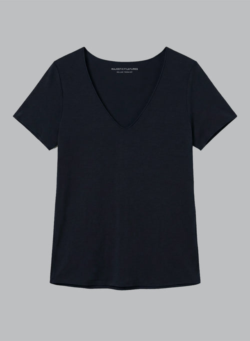 Navy V-neck Short-Sleeve T-shirt in Viscose / Elastane - MAJESTIC FILATURES