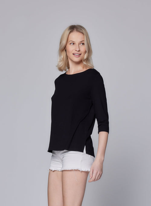 Black T-shirt 3/4 Sleeves Boat Neck in Viscose and Elastane - MAJESTIC FILATURES