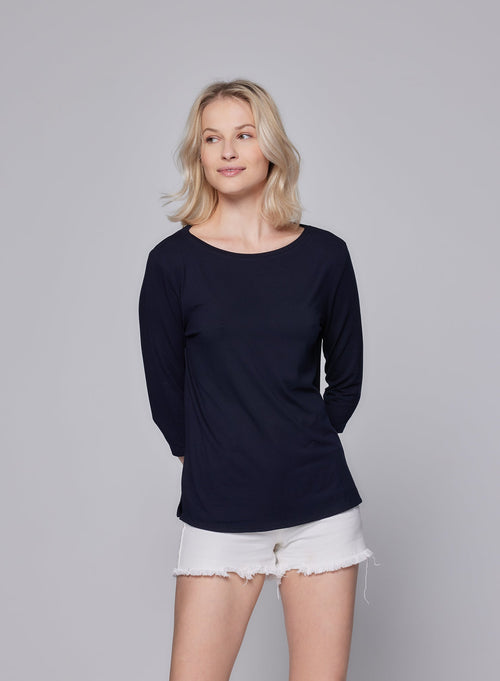 T-shirt Marine Manches 3/4 Col Bateau en Viscose et Élasthanne - MAJESTIC FILATURES