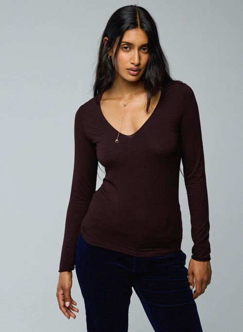 T-shirt Aubergine Col V Manches Longues en Viscose et Elasthanne - MAJESTIC FILATURES