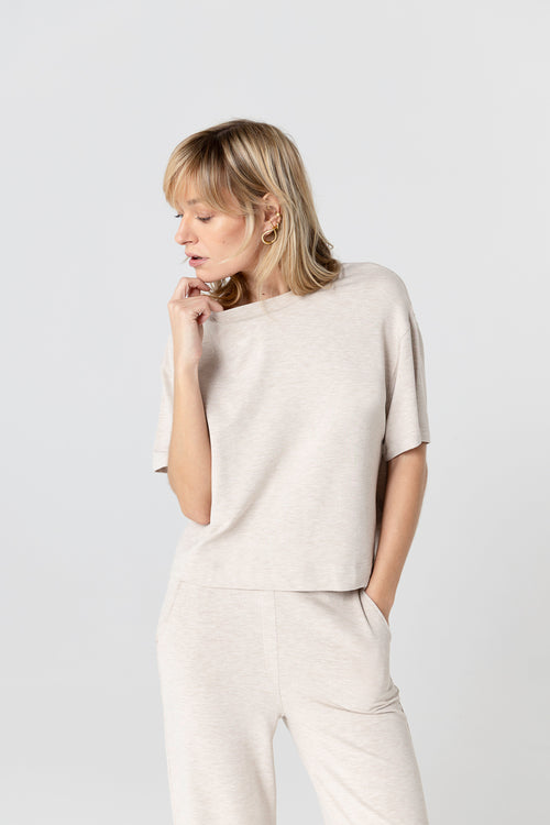 Sweat Beige Col Rond Manches Courtes en Viscose / Elasthanne - MAJESTIC FILATURES