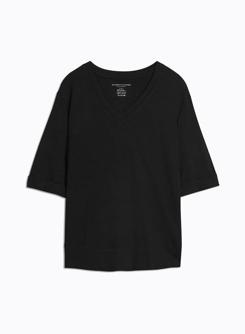 Tee shirt Noir Manches Coudes Col V en Viscose / Elasthanne - MAJESTIC FILATURES