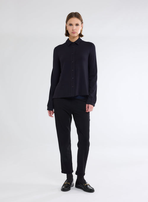 Long Sleeve Navy Shirt in Viscose and Elastane - MAJESTIC FILATURES