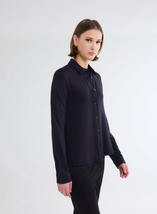 Long Sleeve Navy Shirt in Viscose and Elastane - MAJESTIC FILATURES