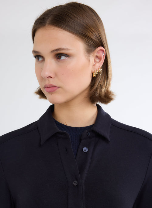 Long Sleeve Navy Shirt in Viscose and Elastane - MAJESTIC FILATURES