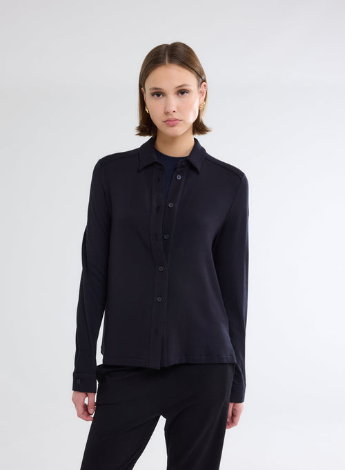 Long Sleeve Navy Shirt in Viscose and Elastane - MAJESTIC FILATURES