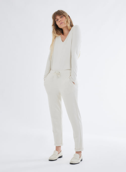 Pantalon Blanc en molleton de Viscose et Élasthanne - MAJESTIC FILATURES