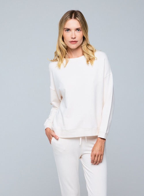 Sweat Blanc Col Rond Manches Longues en Viscose / Elasthanne - MAJESTIC FILATURES