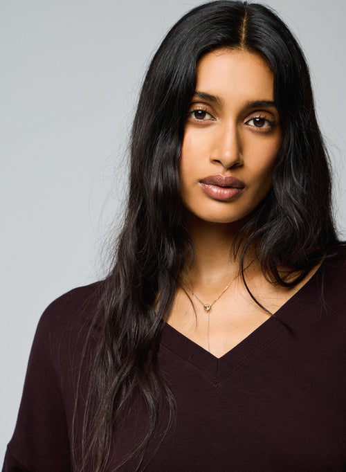 Sweat Aubergine Col V Manches Longues en Viscose / Elasthanne - MAJESTIC FILATURES