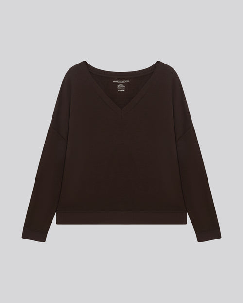 Sudadera marrón de manga larga y manga larga con cuello de pico y elastano - MAJESTIC FILATURES